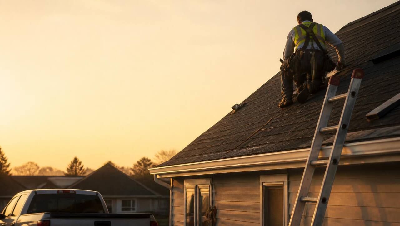 Roofer in a hi-vis vest and harness working on a sloped roof at golden hour, ladder and pickup truck below