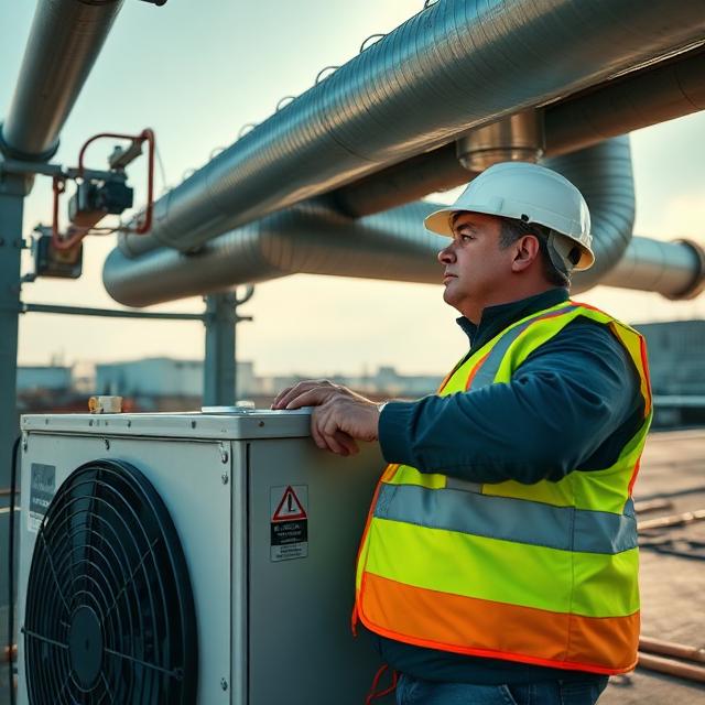 HVAC technician servicing a rooftop unit